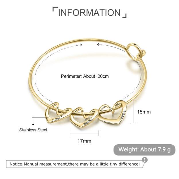 Mother's Day Gift Women Bangle Bracelet with 3 Heart Pendant Engraved 3 Names Love Bracelet-Engravingift
