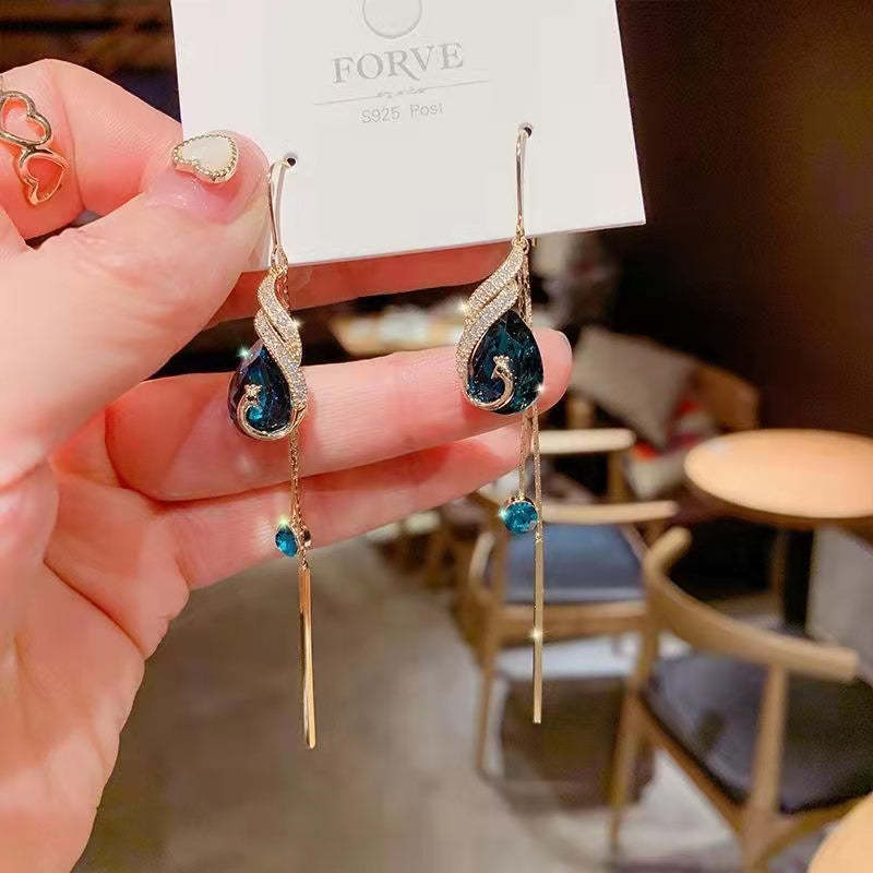 Mother's Day Gift Elegant Blue Peacock Crystal Long Tassel Earrings-Engravingift