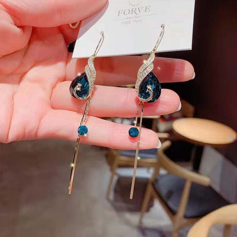 Mother's Day Gift Elegant Blue Peacock Crystal Long Tassel Earrings-Engravingift