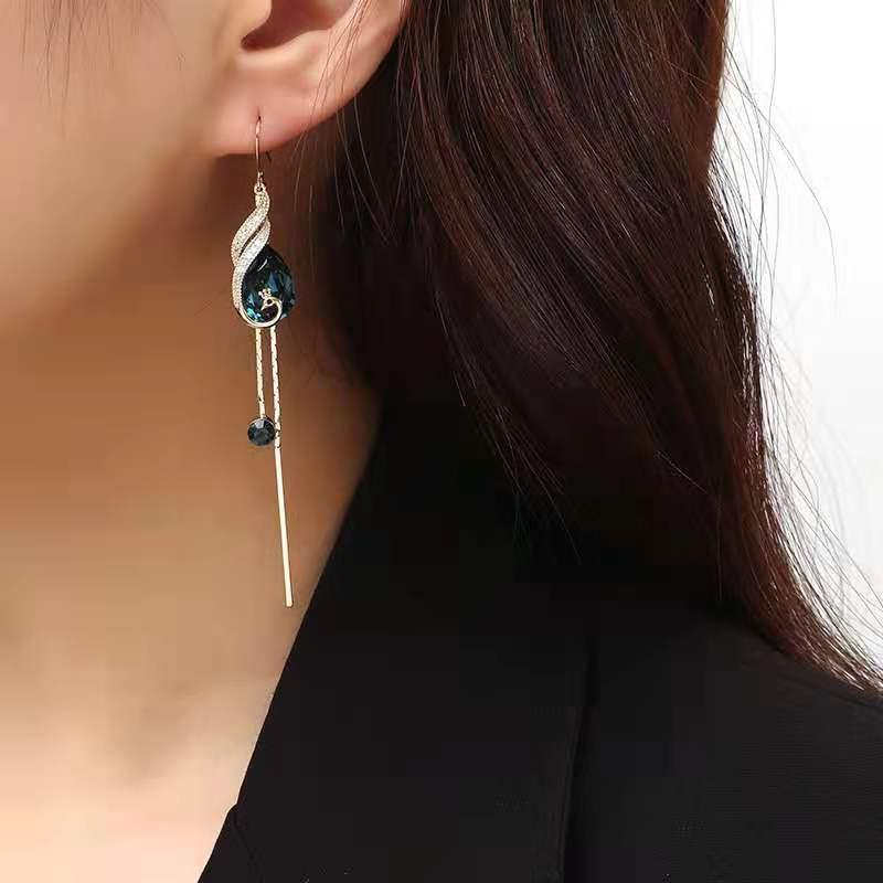 Mother's Day Gift Elegant Blue Peacock Crystal Long Tassel Earrings-Engravingift
