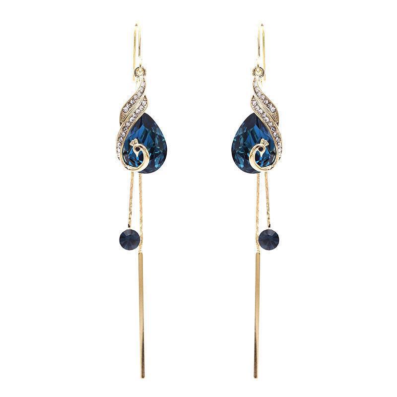 Mother's Day Gift Elegant Blue Peacock Crystal Long Tassel Earrings-Engravingift