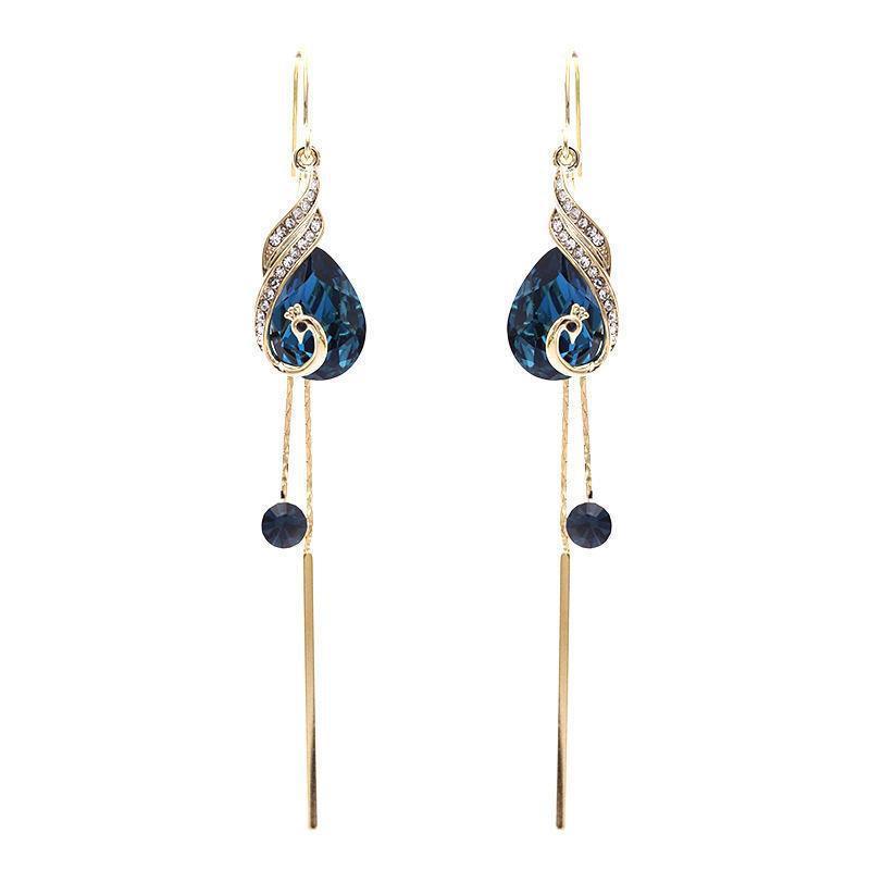 Mother's Day Gift Elegant Blue Peacock Crystal Long Tassel Earrings-Engravingift