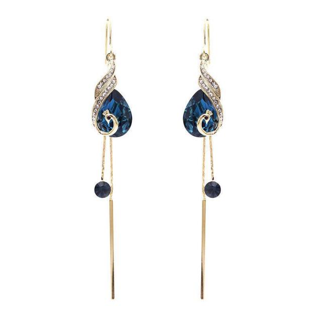 Mother's Day Gift Elegant Blue Peacock Crystal Long Tassel Earrings-Engravingift