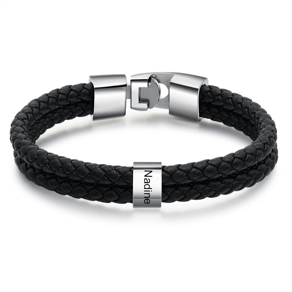 Father's Day Gift Men Leather Bracelet with Bead Custom Two Layers Bracelet, custom black engraved leather son/grandson bracelets for men-Engravingift