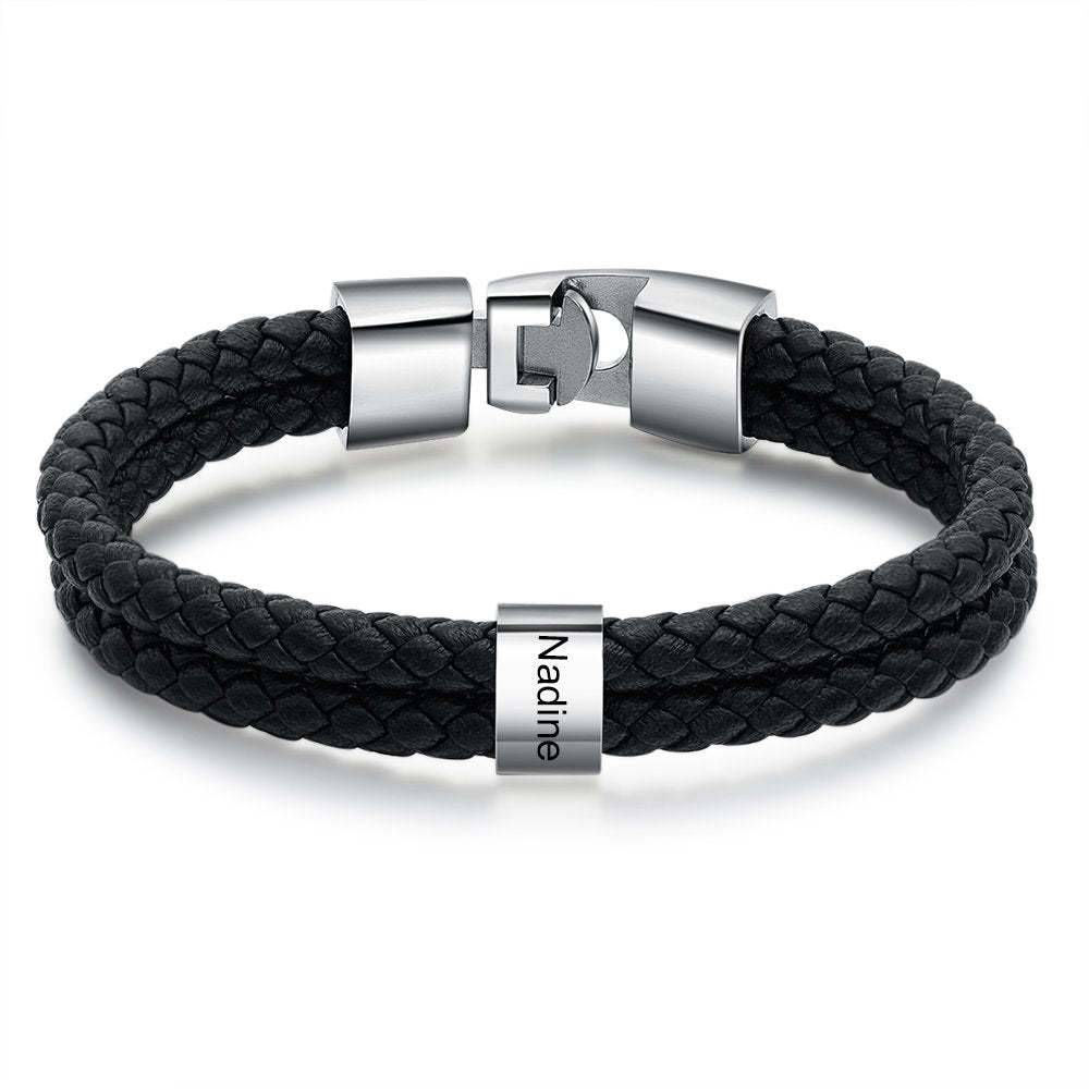 Father's Day Gift Men Leather Bracelet with Bead Custom Two Layers Bracelet, custom black engraved leather son/grandson bracelets for men-Engravingift