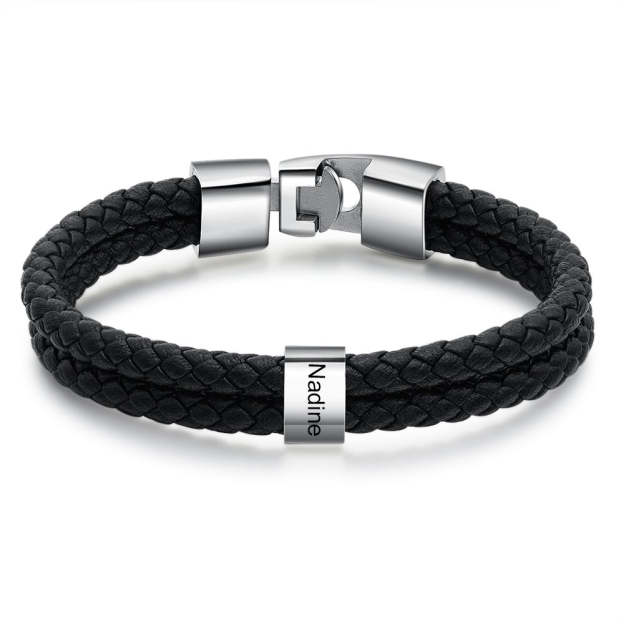 Father's Day Gift Men Leather Bracelet with Bead Custom Two Layers Bracelet, custom black engraved leather son/grandson bracelets for men-Engravingift