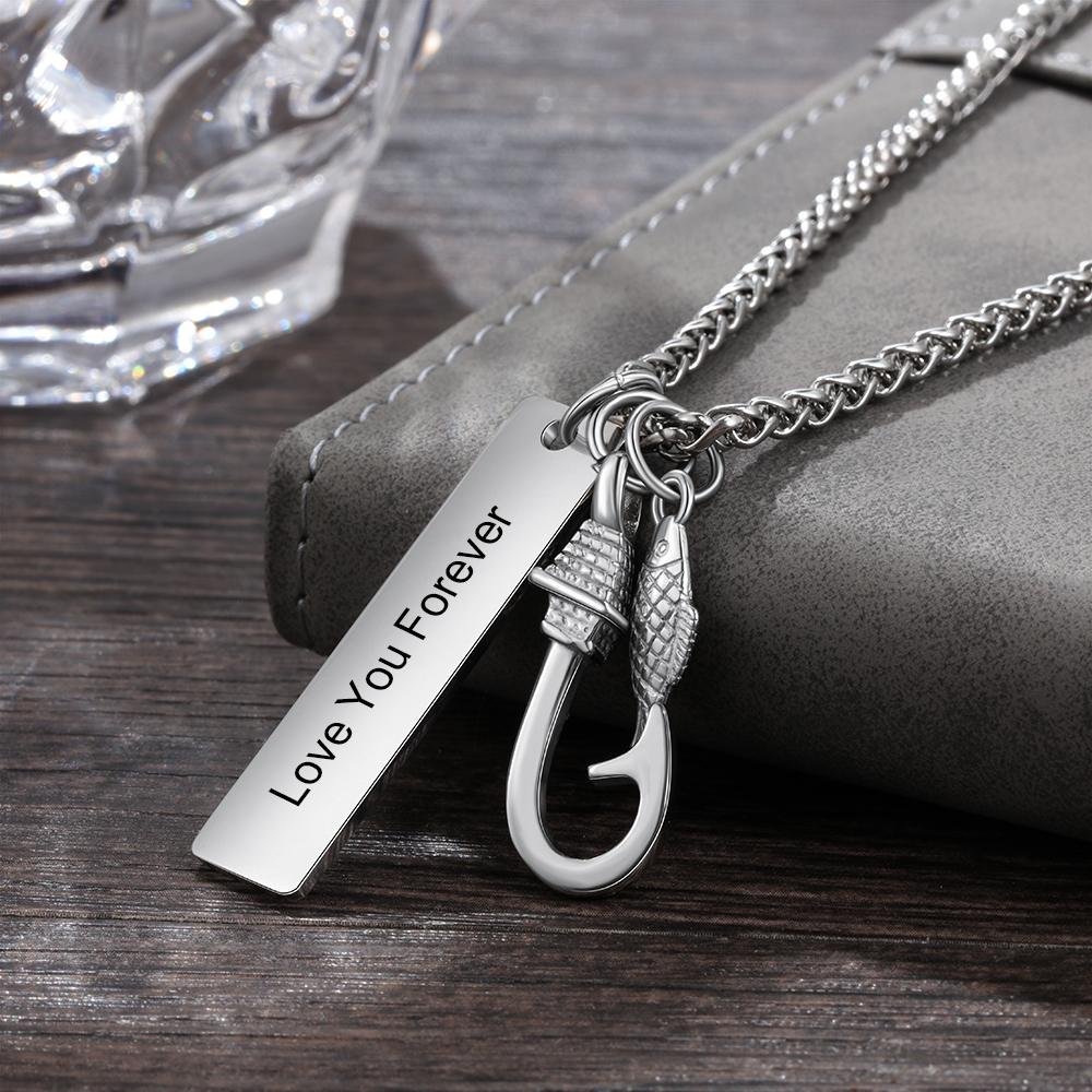 Father's Day gift Men Fish Hook Necklace with Engraved Bar Pendant Charm