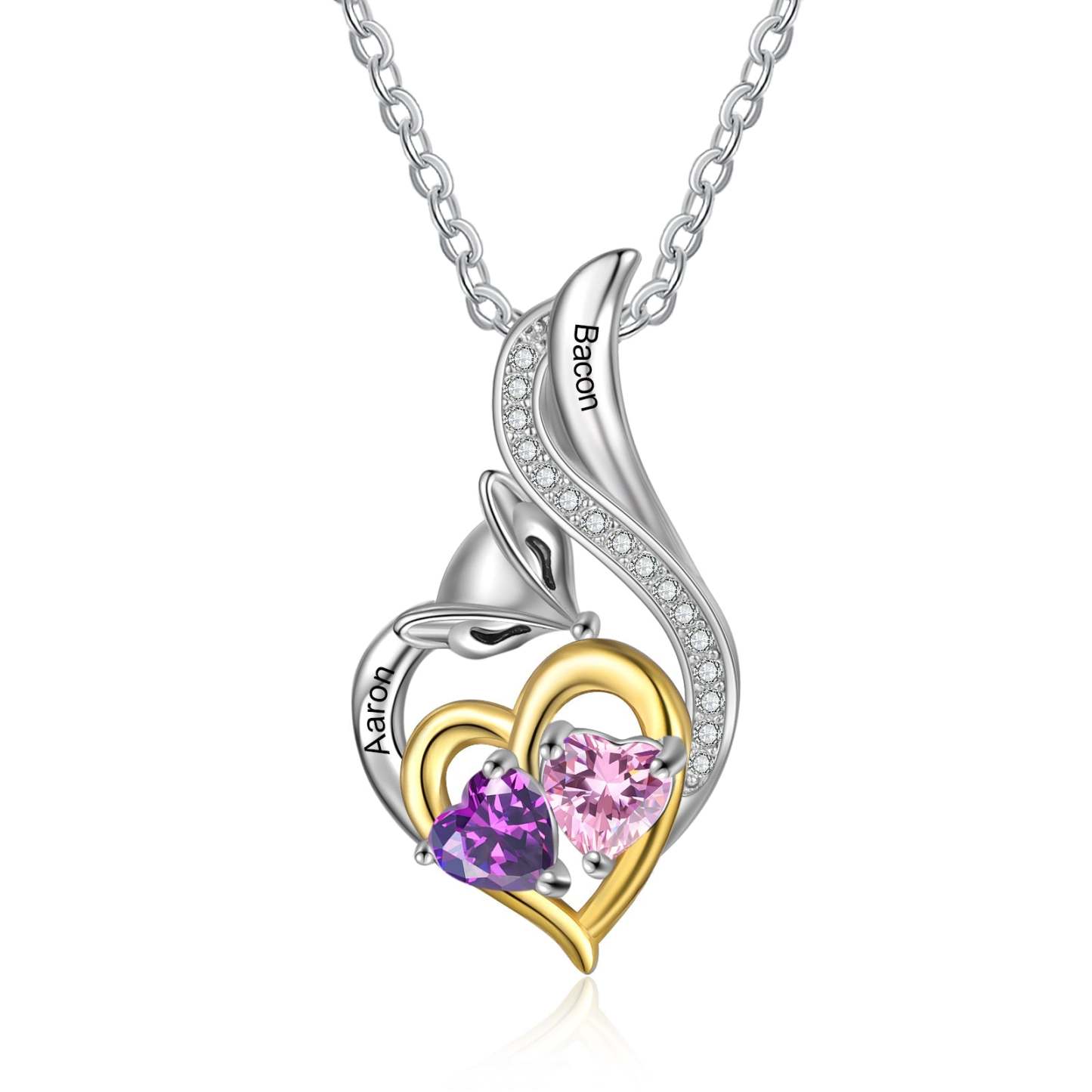Mother's Day Gift Custom Heart Fox Pendant Necklace with 2 Birthstones Animal Necklace for Girls-Engravingift