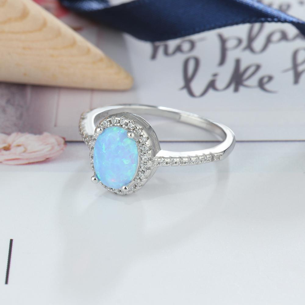 Mother's Day Gift Promise Ring Sterling Silver Ring with Blue Simulated Opal-Engravingift