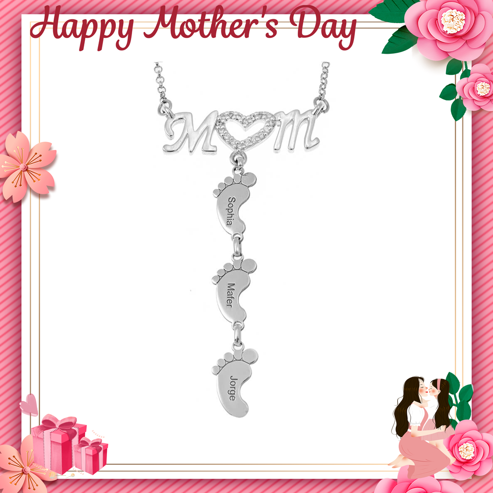 Christmas Gift Personalised Heart Crystal Mom Necklace With Baby Feet