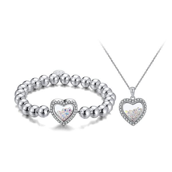 Mother's Day Gift Shimmering Heart Crystal Shaker Bracelet and Necklace Set-Engravingift