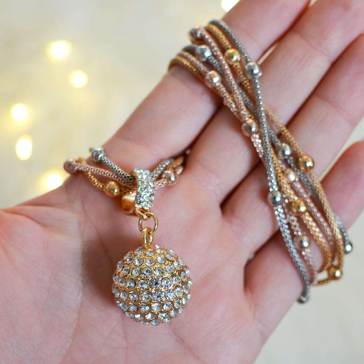 Mother's Day Gift Gold Ball Necklace with Rhinestone Pendant-Engravingift