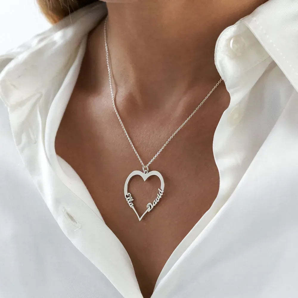 Christmas Gift Contour Heart Pendant Necklace with Two Names