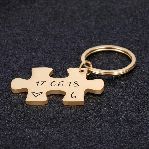 Mother's Day Gift Anniversary date ideas-2-Piece Personalized Couple's Initial and Anniversary Date Puzzle Keychain-Engravingift