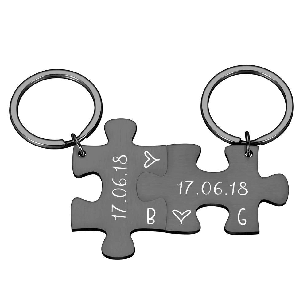 Mother's Day Gift Anniversary date ideas-2-Piece Personalized Couple's Initial and Anniversary Date Puzzle Keychain-Engravingift