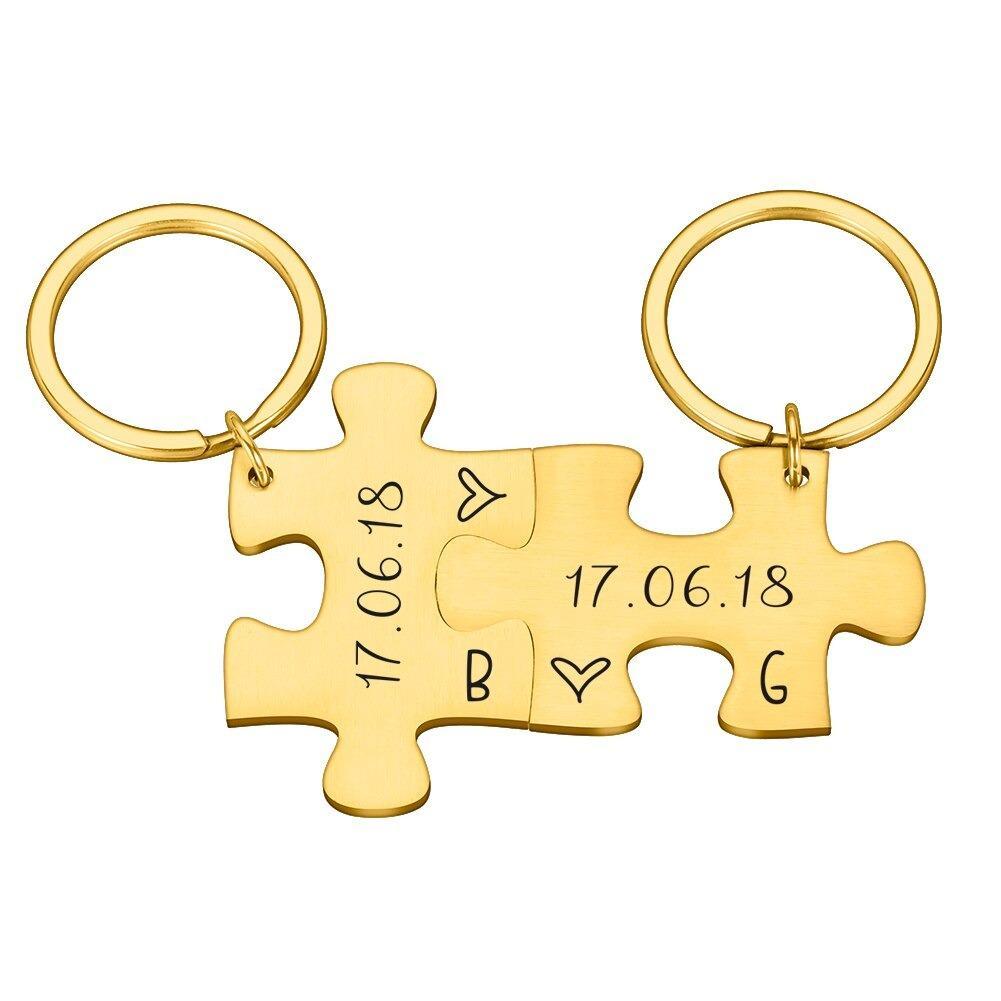 Mother's Day Gift Anniversary date ideas-2-Piece Personalized Couple's Initial and Anniversary Date Puzzle Keychain-Engravingift