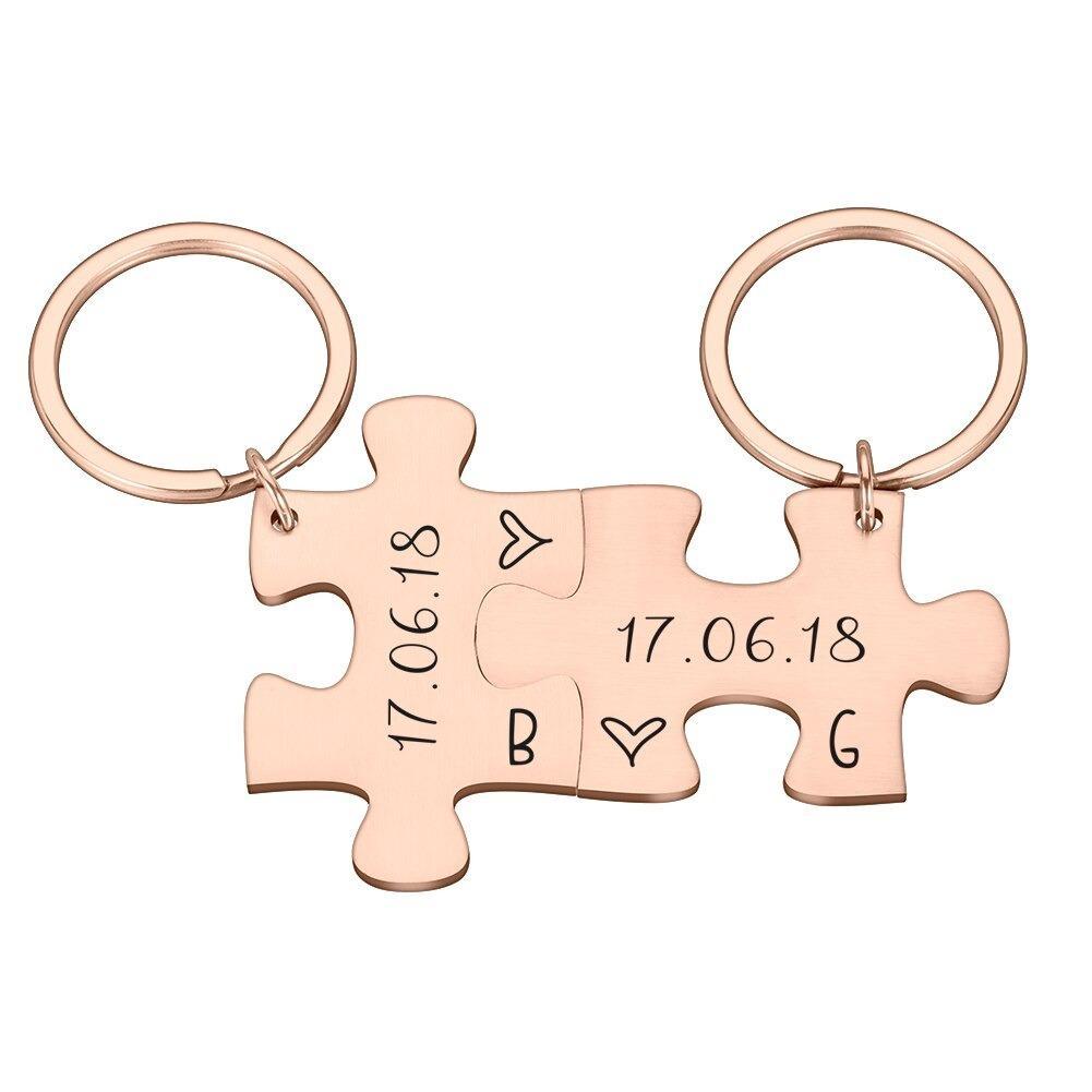 Mother's Day Gift Anniversary date ideas-2-Piece Personalized Couple's Initial and Anniversary Date Puzzle Keychain-Engravingift