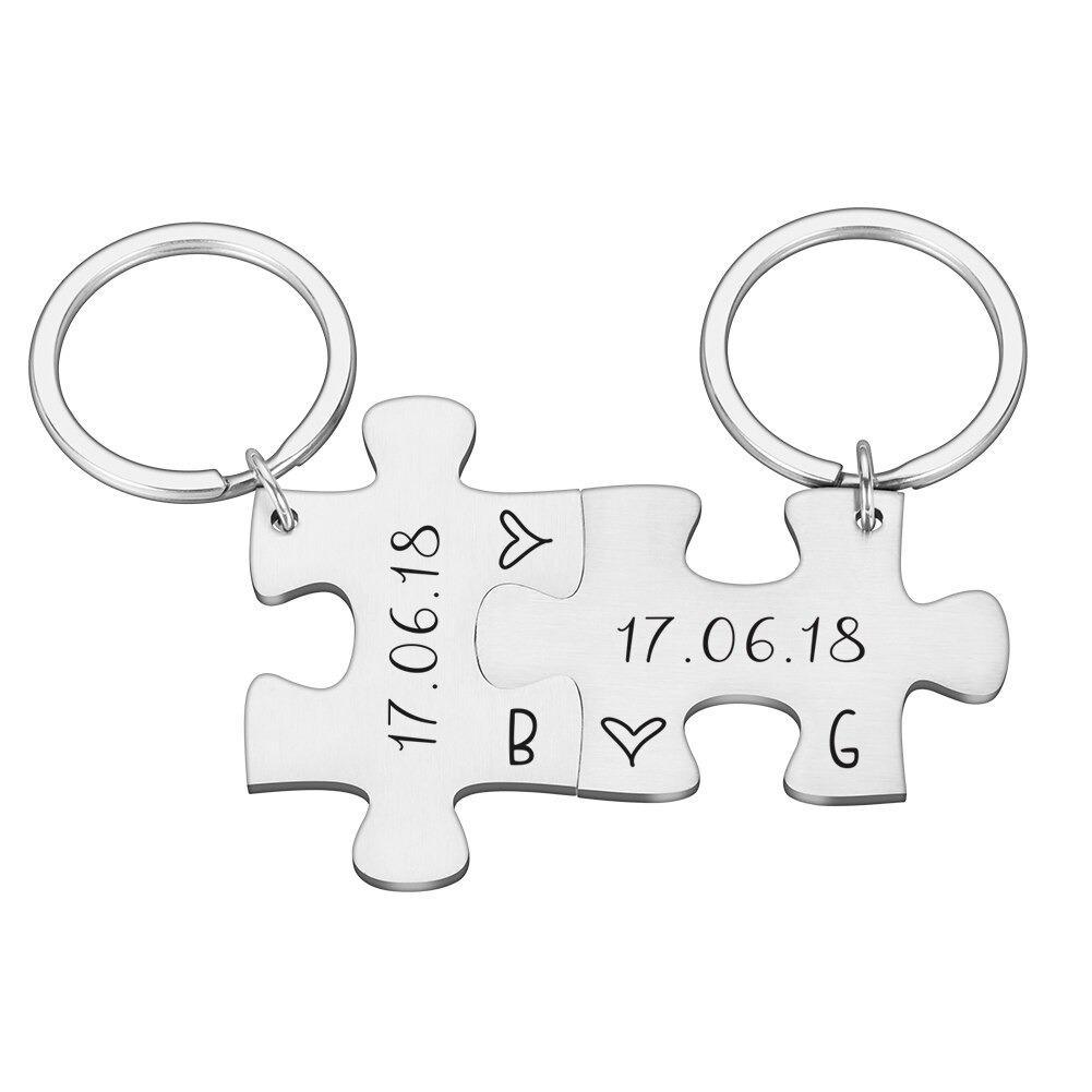 Mother's Day Gift Anniversary date ideas-2-Piece Personalized Couple's Initial and Anniversary Date Puzzle Keychain-Engravingift