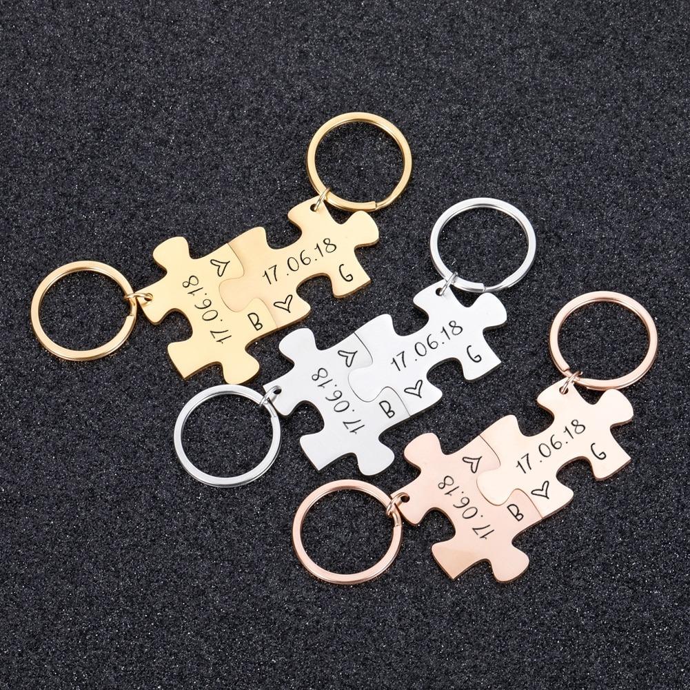 Mother's Day Gift Anniversary date ideas-2-Piece Personalized Couple's Initial and Anniversary Date Puzzle Keychain-Engravingift