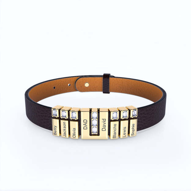 Personalized Leather V Bracelet With Diamond Charms for Grandma/Mom/Dad