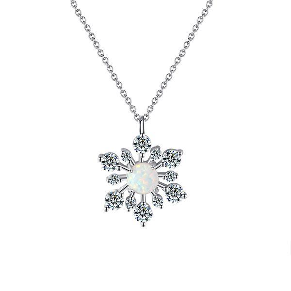 Mother's Day Gift Irridescent Opal Sterling Silver Snowflake Pendant Necklace-Engravingift