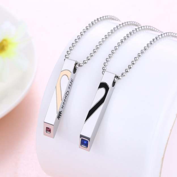 Valentine's Day Gift Her King His Queen Matching Heart Necklaces With Birthstone For Couples