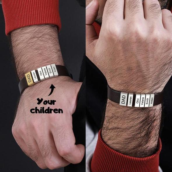 Christmas Gift Genuine Cowhide Bracelet With Kids Name for Dad