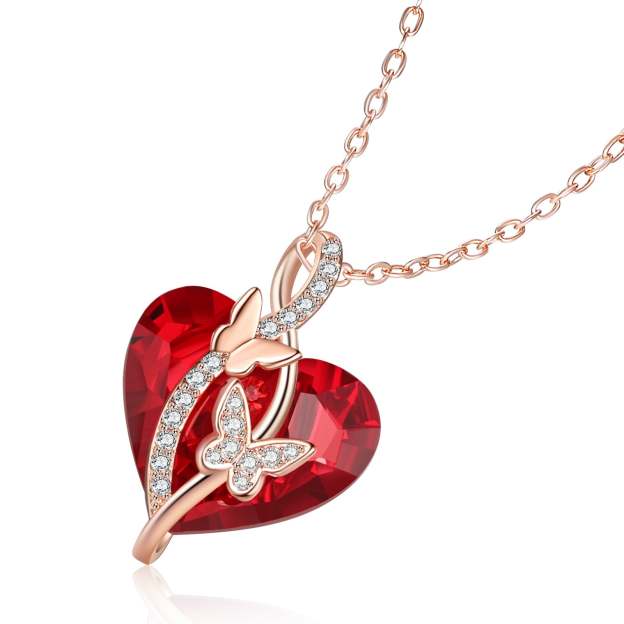Christmas Gift Heart Red Crystal Necklace Butterfly Ruby Necklace for Her