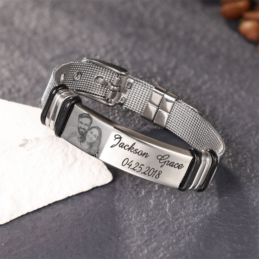 Father's Day Gift Personalized Men Photo Bracelet Engraved ID Bar Bracelet-Engravingift