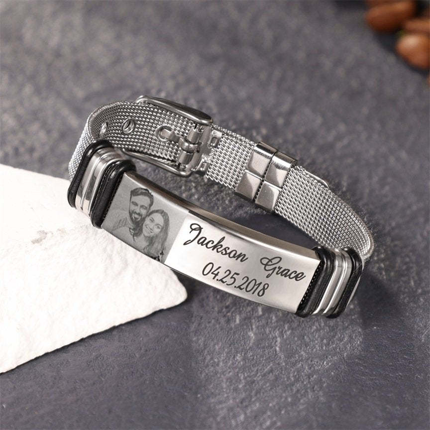 Father's Day Gift Personalized Men Photo Bracelet Engraved ID Bar Bracelet-Engravingift