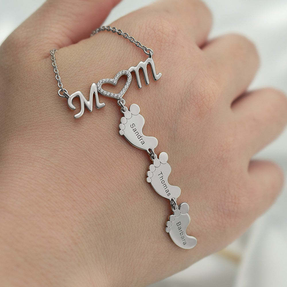 Christmas Gift Personalised Heart Crystal Mom Necklace With Baby Feet
