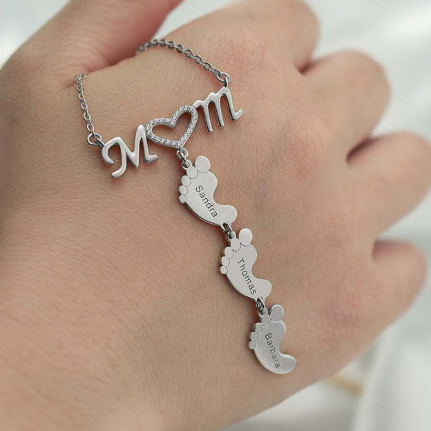 Christmas Gift Personalised Heart Crystal Mom Necklace With Baby Feet