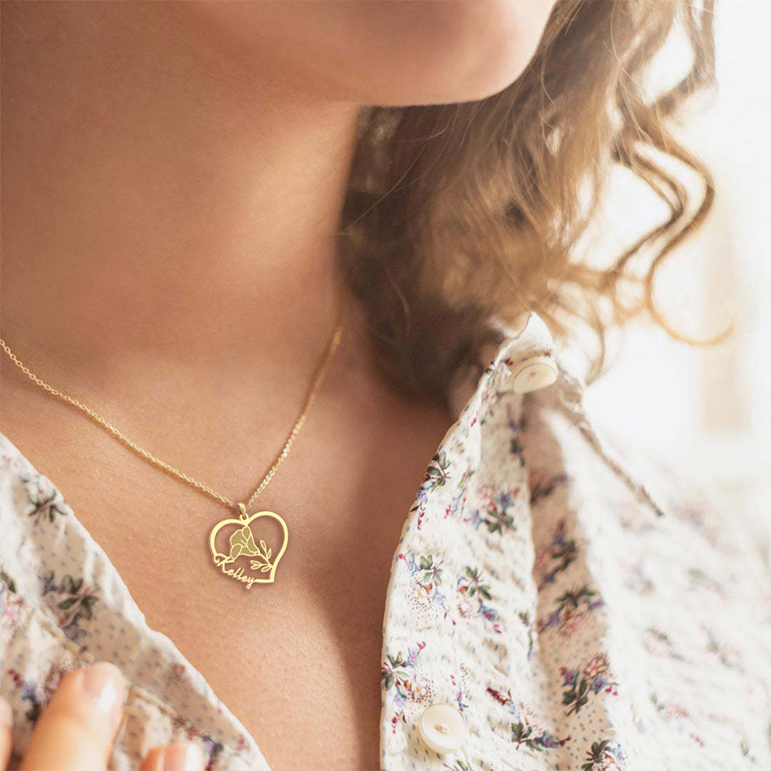 Mother's Day Gift Birthday Gift Everlasting Blooms: Birth Flower Love Heart Necklace-Engravingift