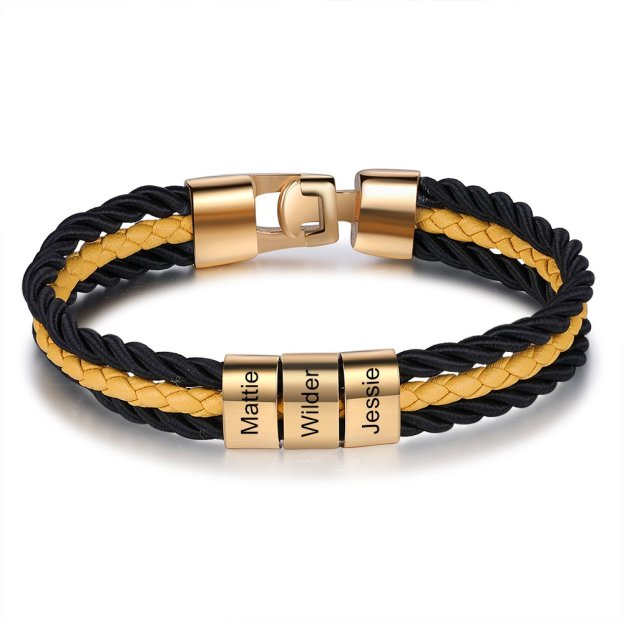 Father's Day Gift Mens Leather Bracelet Braided Layered Leather with Bead, mens custom necklace braided leather bracelet with names-Engravingift