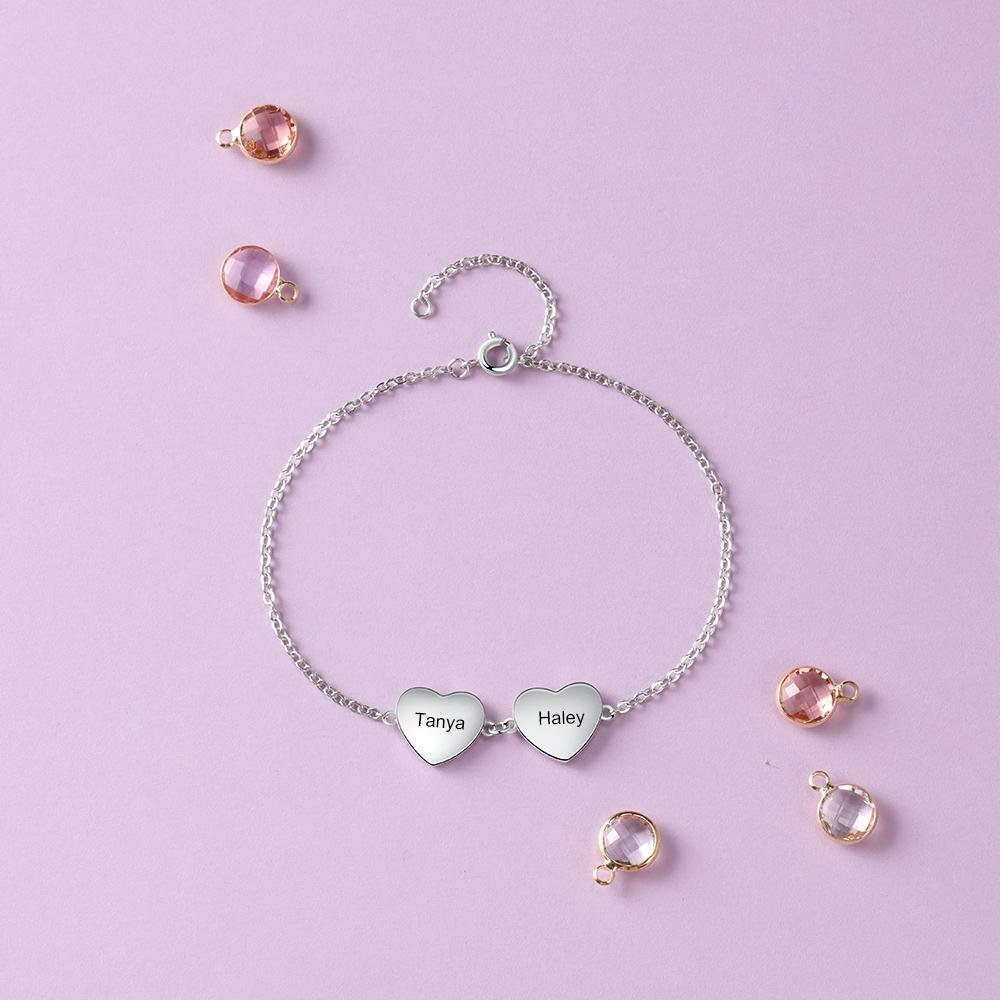 Christmas Gift Personalized Photo Bracelet With Two Heart Pendant Engraved 2 Names