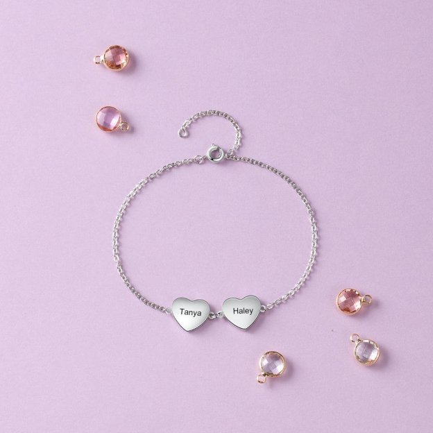 Christmas Gift Personalized Photo Bracelet With Two Heart Pendant Engraved 2 Names