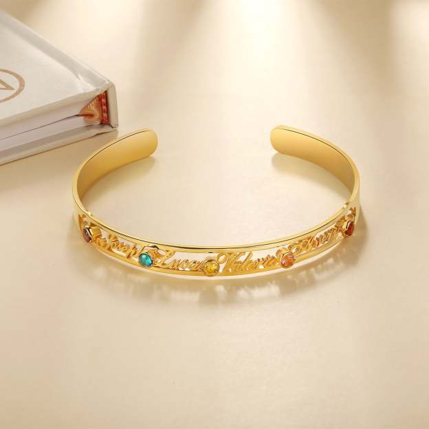 Mother's Day Gift Personalized Name Bangle Bracelet Custom 4 Names and 5 Birthstones Bracelet for Her-Engravingift