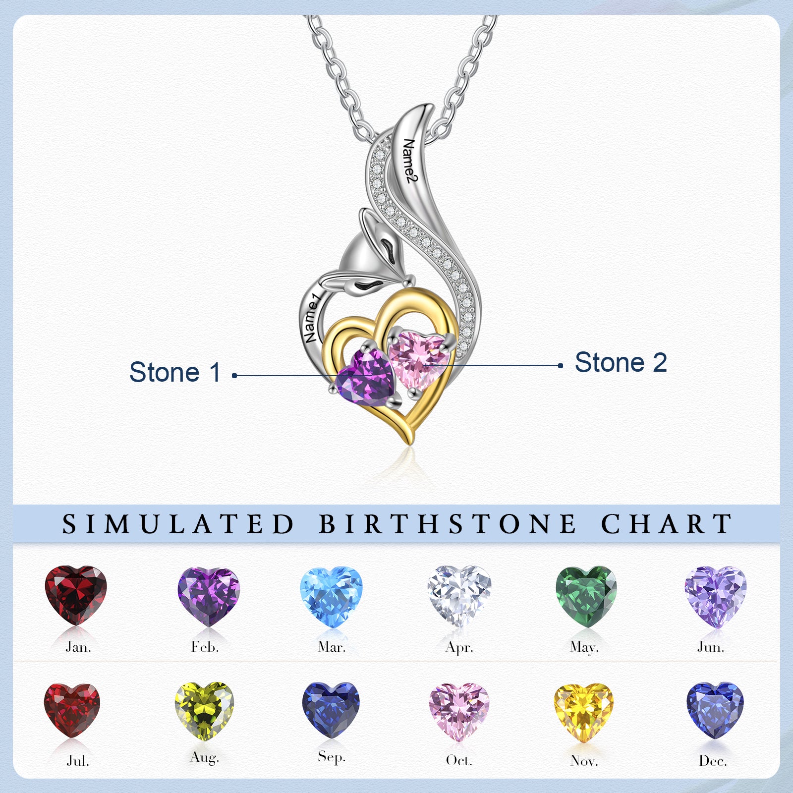 Mother's Day Gift Custom Heart Fox Pendant Necklace with 2 Birthstones Animal Necklace for Girls-Engravingift
