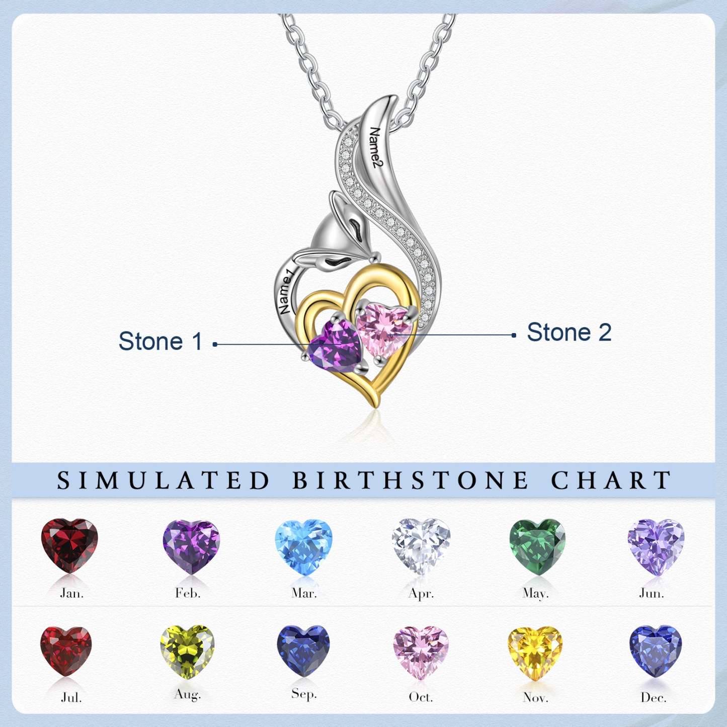Mother's Day Gift Custom Heart Fox Pendant Necklace with 2 Birthstones Animal Necklace for Girls-Engravingift