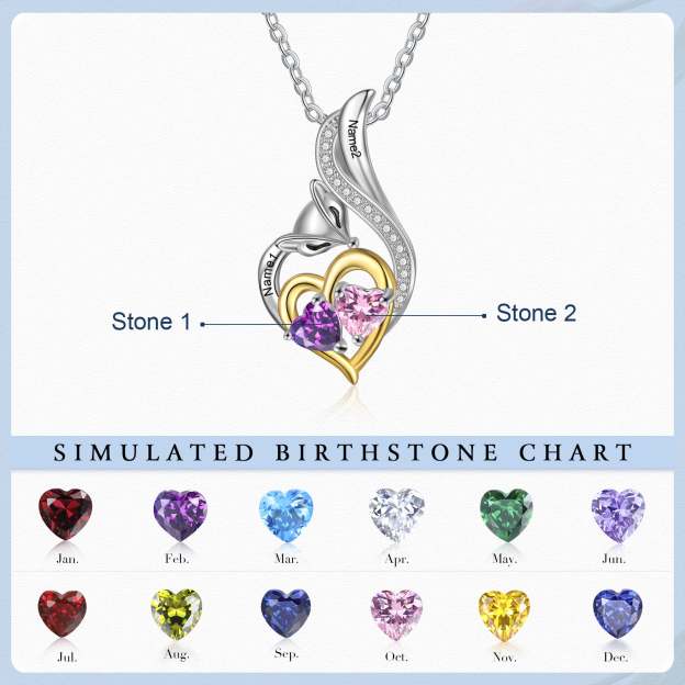 Mother's Day Gift Custom Heart Fox Pendant Necklace with 2 Birthstones Animal Necklace for Girls-Engravingift