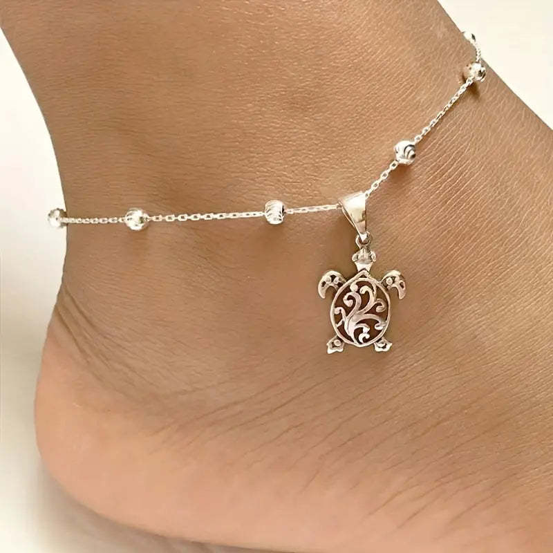 Mother's Day Gift Oval Beads Turtle Shape Pendant Chain Anklet Women's Summer Beach Vacation Ankle Bracelet-Engravingift