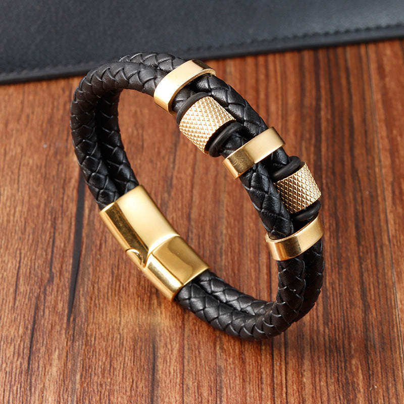 Father's Day Gift Men Braided Leather Bracelets Layered Beads Bracelets with Magnetic Clasp Gifts for Him-Engravingift