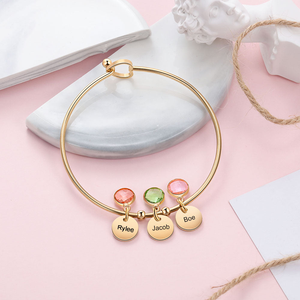 Mother's Day Gift Mother's Day Gift Personalized Birthstone Bracelet Custom 3 Names Bangle Gifts for Her-Engravingift