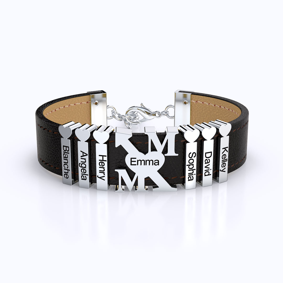 Personalized Leather V Bracelet With Diamond Charms for Grandma/Mom/Dad