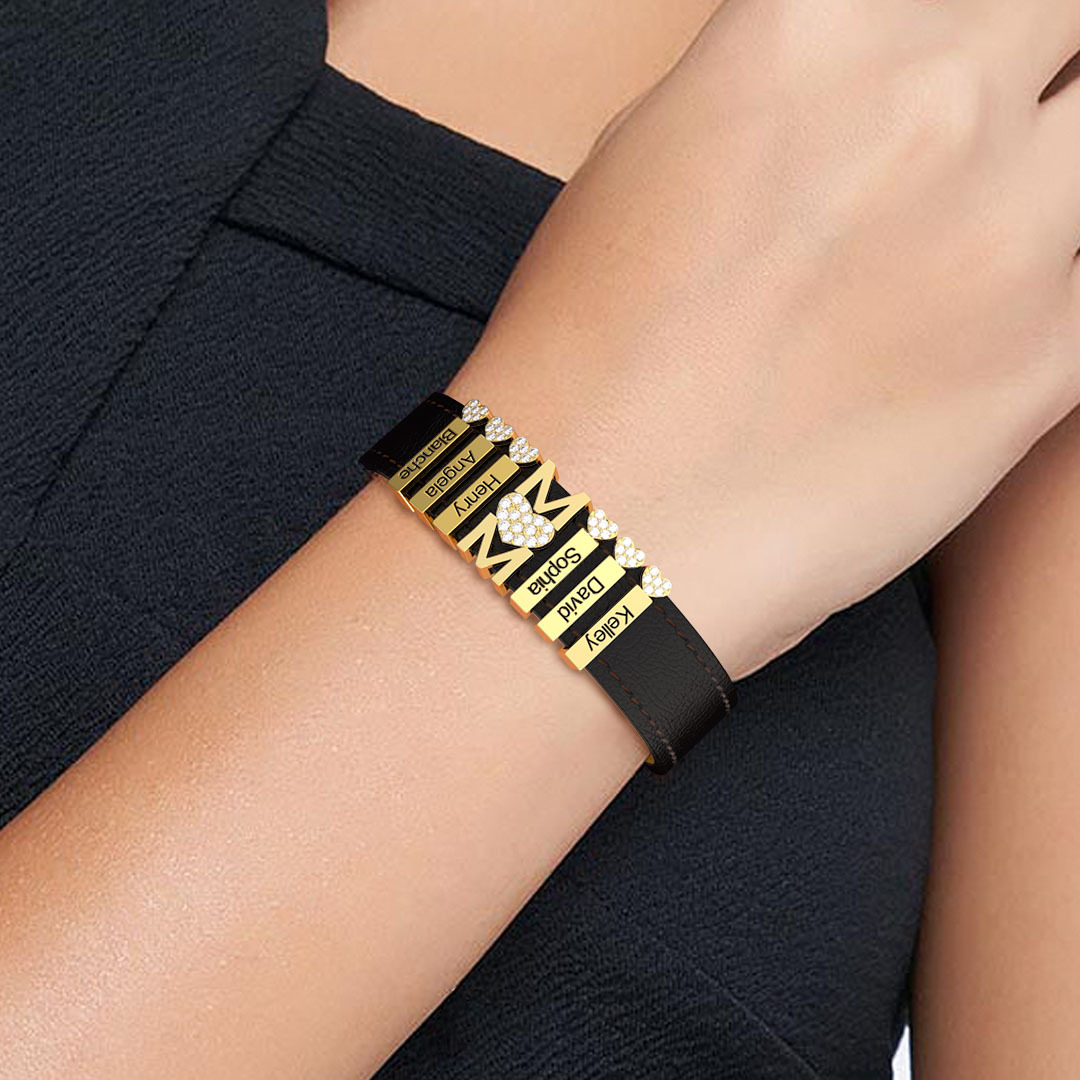 Mother's Day Gift Personalized Leather Bracelet With Diamond Charms