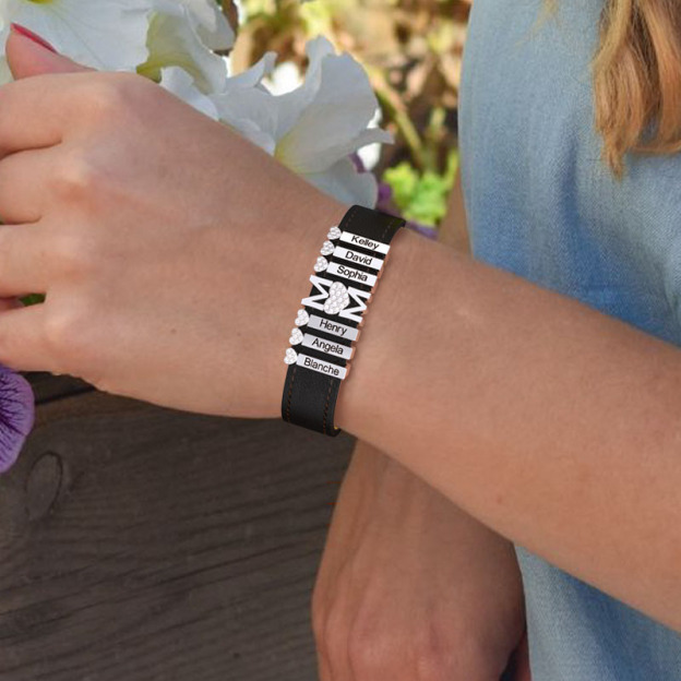 Mother's Day Gift Personalized Leather Bracelet With Diamond Charms