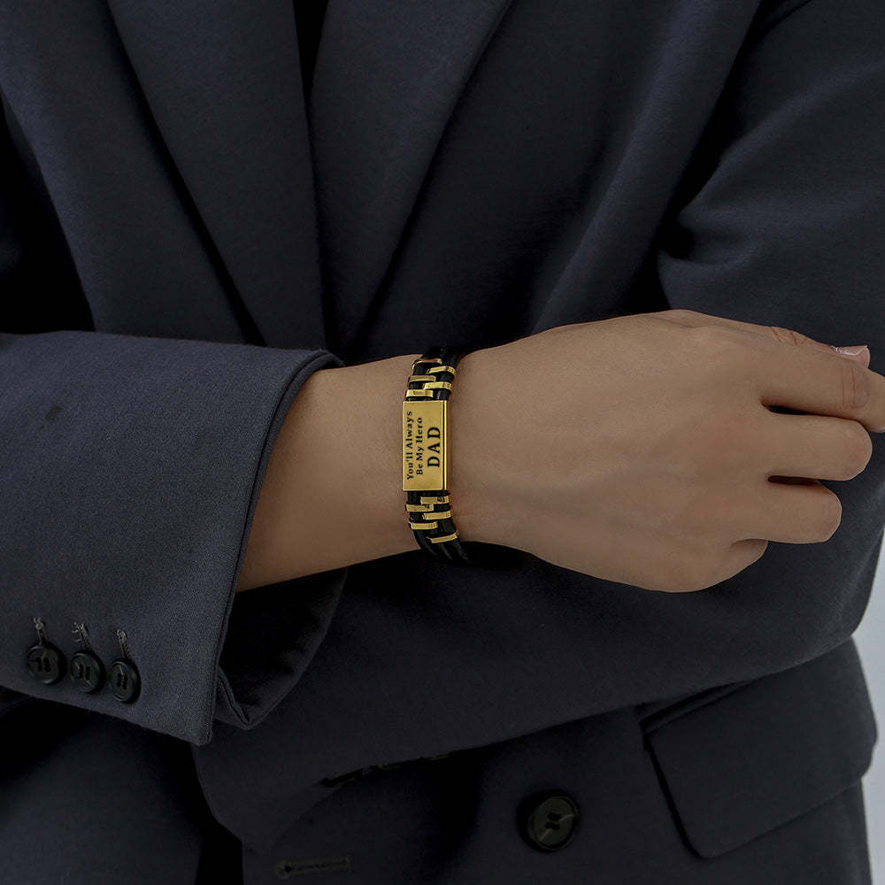 Christmas Gift Personalized Men Leather Bracelet Engraved Name and Text ID Bar Bracelet