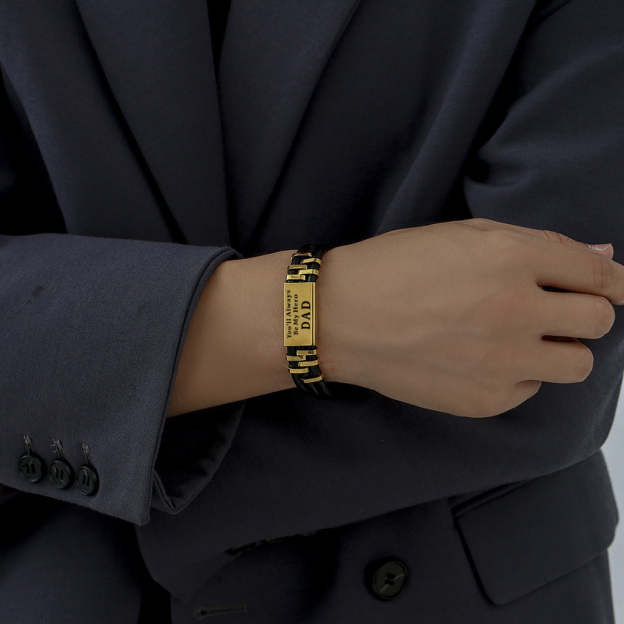 Christmas Gift Personalized Men Leather Bracelet Engraved Name and Text ID Bar Bracelet