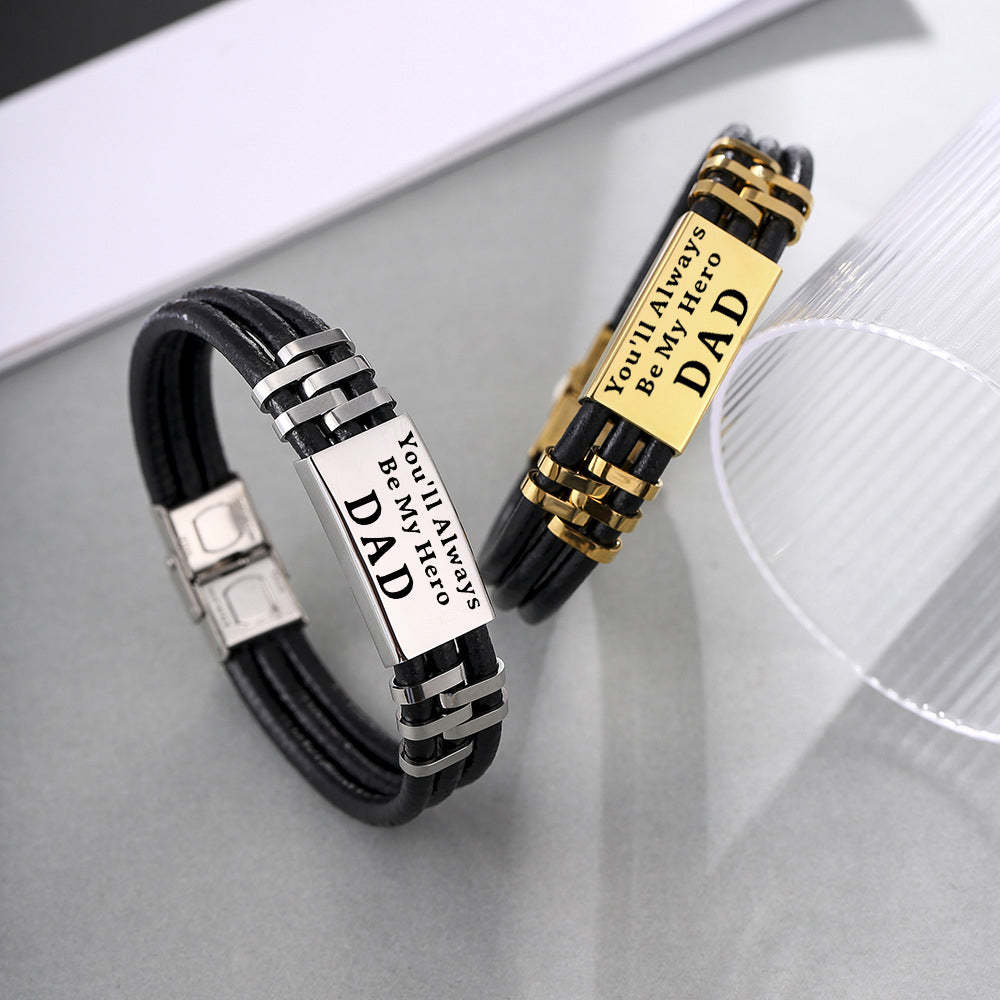 Christmas Gift Personalized Men Leather Bracelet Engraved Name and Text ID Bar Bracelet