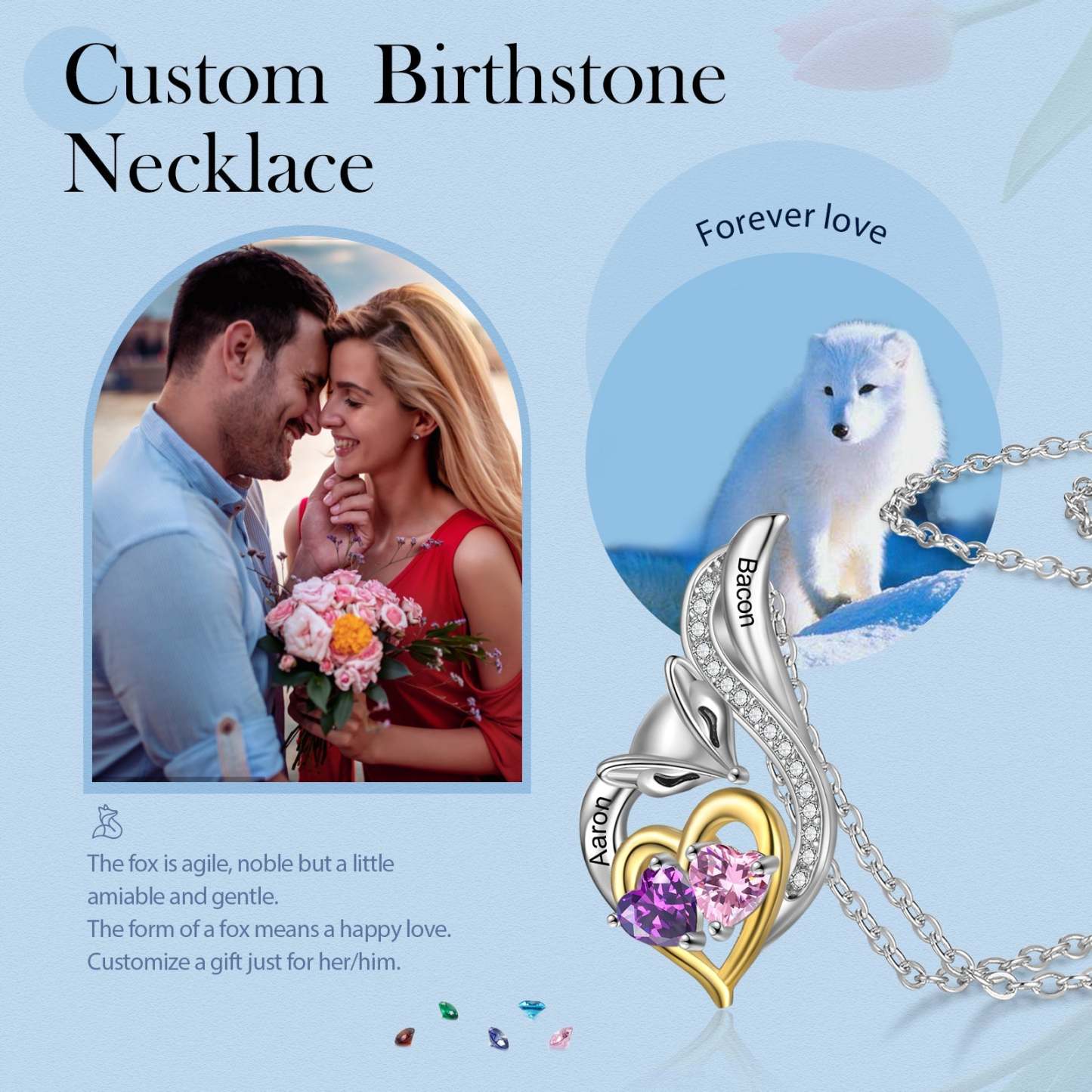 Mother's Day Gift Custom Heart Fox Pendant Necklace with 2 Birthstones Animal Necklace for Girls-Engravingift